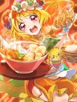  1girl :d artist_name blonde_hair clear_glass_(mildmild1311) commentary_request cure_yum-yum delicious_party_precure dress dumpling eyelashes food hair_ornament hanamichi_ran happy highres long_hair looking_at_viewer magical_girl mem-mem_(precure) noodles open_mouth orange_dress precure ramen red_eyes signature smile solo twitter_username wrist_cuffs 