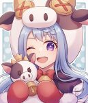  1girl ;d animal_ears blue_hair bonnet breasts commentary cow cow_hood fur-trimmed_gloves fur_trim gloves highres looking_at_viewer mahiru_(princess_connect!) one_eye_closed open_mouth princess_connect! purple_eyes red_mittens runa_(runa7733) smile solo star-shaped_pupils star_(symbol) stuffed_toy symbol-shaped_pupils teeth twitter_username upper_teeth_only 
