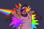  2023 anthro armpit_hair bodily_fluids body_hair claws crazy-go-lucky_(artist) crazy-go-lucky_(character) ear_piercing emanata fur grey_background hi_res humor hyena lgbt_pride light light_beam male mammal nude open_mouth piercing pride_colors rainbow rainbow_pride_colors saliva screaming simple_background solo spotted_hyena surprised_expression teeth themongrel tongue tongue_out tuft wide_eyed 