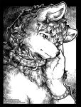  2023 ambiguous_gender anthro black_and_white black_border border bracelet canid canine canis collar cross-hatching domestic_dog fur hair hand_on_face hatching_(art) jewelry mammal monochrome o-kemono shaded text url 