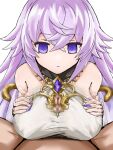  1boy 1girl breast_hold breasts censored cleavage_cutout clothing_cutout empty_eyes expressionless grimms_notes highres huge_breasts long_hair looking_down magic_mirror_(grimms_notes) mosaic_censoring paizuri paizuri_under_clothes penis pompurinpurin pov purple_eyes purple_hair simple_background solo_focus white_background 