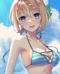  1girl artist_name bare_arms bare_shoulders bikini blonde_hair blue_bikini blush breasts dated day hair_between_eyes hair_ornament hairclip haruka_faraway716 highres kantai_collection looking_at_viewer medium_breasts open_mouth outdoors perth_(kancolle) purple_eyes short_hair smile solo swimsuit twitter_username upper_body 