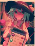  1girl 1other black_headwear blouse blurry blurry_background blurry_foreground bow bright_pupils cellphone collared_shirt commentary depth_of_field eyeball green_eyes green_hair hat hat_ribbon heart heart-shaped_pupils highres holding holding_knife holding_phone kitchen_knife knife komeiji_koishi long_sleeves looking_at_viewer medium_hair phone pov pov_hands ribbon shirt smartphone soesoe300 solo_focus string symbol-shaped_pupils text_messaging third_eye touhou white_pupils wide_sleeves yellow_ribbon yellow_shirt 