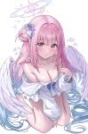  1girl angel_wings blue_archive blush breasts cleavage feathered_wings frilled_ribbon frills hair_bun hair_ornament halo highres iro_(iro_252_) large_breasts long_hair looking_at_viewer low_wings mika_(blue_archive) pink_hair pink_halo ribbon single_side_bun solo white_wings wing_ornament wings yellow_eyes 