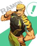  1boy animal_print bara blonde_hair blue_eyes eyepatch feet_out_of_frame highres looking_at_viewer male_focus midriff_peek muscular muscular_male pectorals pointing pointing_at_self ramon_(kof) rkgkjj shirt short_hair solo standing the_king_of_fighters thick_eyebrows tiger_print tight_clothes tight_shirt wrestler 