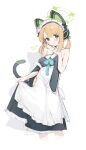  1girl animal_ear_headphones animal_ears apron bare_shoulders blonde_hair blue_archive blush cat_ear_headphones closed_mouth commentary fake_animal_ears green_eyes halo headphones highres looking_at_viewer maid maid_apron maid_headdress midori_(blue_archive) midori_(maid)_(blue_archive) nemo_(leafnight) official_alternate_costume short_twintails simple_background solo symbol-only_commentary tail twintails white_background 