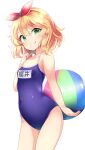  1girl aru_(arudes) ball bare_shoulders beachball blonde_hair blue_one-piece_swimsuit blush breasts character_name closed_mouth collarbone covered_navel cowboy_shot dot_nose green_eyes hair_ribbon hairband highres holding holding_ball holding_beachball idolmaster idolmaster_cinderella_girls idolmaster_cinderella_girls_starlight_stage idolmaster_cinderella_girls_u149 index_finger_raised looking_at_viewer name_tag one-piece_swimsuit red_hairband red_ribbon ribbon sakurai_momoka school_swimsuit short_hair simple_background small_breasts smile solo swimsuit white_background 