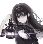  1girl akemi_homura aoyama_moriki black_bow black_bowtie black_hair black_headband bow bowtie commentary dress funeral_dress headband highres holding holding_lantern lantern long_hair mahou_shoujo_madoka_magica mahou_shoujo_madoka_magica:_hangyaku_no_monogatari purple_eyes simple_background solo symbol-only_commentary white_background 