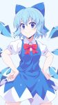 1girl blue_background blue_bow blue_eyes blue_hair blue_skirt blue_vest bow bowtie cirno closed_mouth collared_shirt detached_wings hair_bow hands_on_own_hips highres ice ice_wings looking_at_viewer namagaki-san red_bow red_bowtie shirt short_hair short_sleeves skirt smile solo touhou vest white_shirt wings 