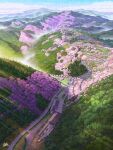 blue_sky building cherry_blossoms cloud commentary_request day ground_vehicle highres mountain mugumo_24k nara_(city) no_humans original outdoors power_lines railroad_tracks road scenery signature sky train train_station train_station_platform 