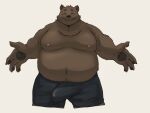  2023 anthro bear belly big_belly black_nose bottomwear brown_body brown_fur bulge clothing donguri eyes_closed fur hi_res humanoid_hands kemono male mammal moobs nipples overweight overweight_male pants simple_background solo 