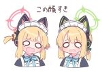  2girls animal_ear_headphones animal_ears apron blonde_hair blue_archive blue_ribbon blunt_bangs cat_ear_headphones cropped_shoulders fake_animal_ears green_halo green_ribbon hair_ribbon headphones highres maid maid_apron maid_headdress midori_(blue_archive) midori_(maid)_(blue_archive) momoi_(blue_archive) momoi_(maid)_(blue_archive) multiple_girls naga_u neck_ribbon o_o open_mouth pink_halo pink_ribbon ribbon short_hair siblings simple_background sisters tearing_up translated twins two_side_up white_background 