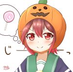  1girl blue_jacket brown_hair candy food gradient_hair green_sailor_collar hood jacket kantai_collection lollipop looking_at_viewer multicolored_hair mutsuki_(kancolle) mutsuki_kai_ni_(kancolle) one-hour_drawing_challenge pumpkin red_hair sailor_collar school_uniform serafuku short_hair simple_background smile solo thought_bubble upper_body white_background zanne 