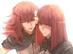  2girls black_capelet blunt_bangs capelet closed_mouth devola flower green_eyes hair_flower hair_ornament highres light_particles looking_at_viewer medium_hair multiple_girls nier:automata nier_(series) open_mouth popola portrait red_hair shirt shuangtang_shuimu siblings sisters straight_hair twins wavy_hair white_background white_shirt yellow_flower 