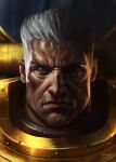  1boy 2019 armor close-up closed_mouth dated gold_armor gorget highres looking_at_viewer partially_shaded_face power_armor primarch rogal_dorn salvador_trakal short_hair signature simple_background solo warhammer_40k white_eyes white_hair 