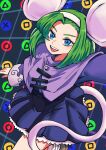  1girl :d animal_ears batchgooya brave_fencer_musashiden capelet dress green_hair hairband highres looking_at_viewer mouse_ears mouse_girl mouse_tail open_mouth purple_capelet short_hair smile solo tail topo_(musashiden) 