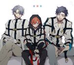  3boys absurdres bandaid bandaid_on_cheek bandaid_on_face black_hair black_pants blue_eyes brown_eyes brown_pants eyepatch grey_eyes grey_hair grey_pants hair_over_one_eye highres hood hood_up jacket kajiyama_fuuta kao_ru05 kirisaki_shidou long_sleeves male_focus milgram mukuhara_kazui multiple_boys pants red_hair signature sitting straitjacket white_background white_jacket 