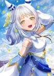 1girl animal_ears bare_shoulders blurry blurry_background blush breasts brown_eyes cloud detached_sleeves ear_covers flower grey_hair hair_between_eyes hair_ornament hand_in_own_hair highres hishi_miracle_(umamusume) horse_ears horse_girl horse_tail lens_flare looking_at_viewer medium_breasts medium_hair open_mouth otono_(bkt4b) sky solo tail umamusume 