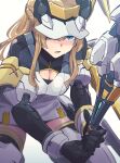  1girl absurdres alice_gear_aegis blonde_hair braid breasts cleavage cleavage_cutout clothing_cutout crown_braid highres holding holding_racket ishiyumi leaning_forward long_hair mecha_musume medium_breasts merabuchi_kanami open_mouth racket solo sweat visor_cap 