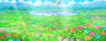  artist_request blue_flower blue_sky cloud commentary day english_commentary field flower flower_field fushigi_no_dungeon game_cg lake light_particles light_rays mountain mountainous_horizon no_humans official_art orange_flower outdoors pokemon pokemon_(game) pokemon_mystery_dungeon purple_flower rainbow red_flower reflection reflective_water scenery sky sunlight third-party_source tree wide_shot 