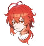  1boy closed_mouth collared_shirt diluc_(genshin_impact) genshin_impact hair_between_eyes head_only highres looking_at_viewer male_focus medium_hair messy_hair mmlyno orange_eyes portrait red_hair shirt simple_background sketch solo white_background 