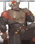  2_horns abs anthro bovid bovine cattle gyumao hair hi_res horn lifewonders male mammal muscular muscular_anthro muscular_male nipples pecs red_eyes red_hair solo tokyo_afterschool_summoners 