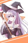  1girl absurdres bare_shoulders breasts cleavage fire_emblem fire_emblem:_genealogy_of_the_holy_war halloween hat highres holding holding_staff julia_(fire_emblem) long_hair looking_at_viewer poaa_20 purple_eyes purple_hair simple_background smile solo staff witch witch_hat 