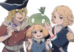  1boy 2girls :d absurdres belt blonde_hair brown_eyes closed_mouth dr._stone drill_hair epaulettes francois_(dr._stone) hair_between_eyes hat highres jacket kojirou_(kojirou_sousaku) looking_at_viewer multiple_girls nanami_ryuusui open_mouth pirate_hat simple_background smile suika_(dr.stone) upper_body white_background 