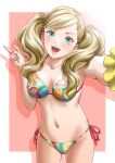  1girl :d bikini blonde_hair border breasts collarbone floral_print green_eyes hair_ornament hairclip highres long_hair masatoshi_1219 medium_breasts navel open_mouth outstretched_arm persona persona_5 print_bikini smile solo stomach swept_bangs swimsuit takamaki_anne teeth twintails v wavy_hair white_border 