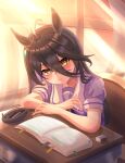  1girl absurdres ahoge animal_ears blush book buckwheat638478 closed_mouth commentary_request crossed_arms curtains desk earrings eraser hair_between_eyes highres horse_ears horse_girl indoors jewelry long_hair looking_at_viewer manhattan_cafe_(umamusume) open_book pencil_case puffy_short_sleeves puffy_sleeves purple_shirt school_desk school_uniform shirt short_sleeves single_earring sitting smile solo summer_uniform tracen_school_uniform umamusume window yellow_eyes 