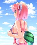  1girl breasts chiyoda_momo cloud food fruit galleon-joe green_eyes hair_ornament hairclip highres lifted_by_self machikado_mazoku nipples pink_hair scar sideboob sky solo swimsuit watermelon wet wet_clothes wet_swimsuit 