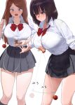  2girls :o black_hair black_skirt black_socks blush bow bowtie bra breasts brown_eyes brown_hair closed_mouth collared_shirt commentary_request kaisen_chuui kneehighs large_breasts long_sleeves multiple_girls open_mouth original pleated_skirt purple_bra red_bow red_bowtie school_uniform shirt shirt_tucked_in simple_background skirt smile socks thighs underwear white_background white_shirt 