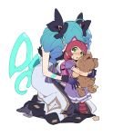  2girls ahoge animal_ears annie_(league_of_legends) arm_tattoo bag bear_ears black_bow blue_gloves blue_hair blush bow brown_footwear crying dress drill_hair facial_mark gloves green_eyes gwen_(league_of_legends) hair_bow highres holding holding_stuffed_toy hug hug_from_behind league_of_legends looking_up multiple_girls open_mouth purple_dress red_hair school_bag scissors seiza short_sleeves simple_background sitting socks striped striped_socks stuffed_animal stuffed_toy tattoo tears teddy_bear tibbers twin_drills white_background zaket07 