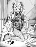  1girl 921148730 absurdres ahoge antenna_hair azur_lane bdsm bed bondage bound bound_arms bound_legs breasts cleave_gag cloth_gag cross detached_sleeves full_body gag gagged greyscale high_heels highres improvised_gag indoors iron_cross long_hair looking_at_viewer monochrome pantyhose prinz_eugen_(azur_lane) prison shibari solo thighs twintails wall white_hair 
