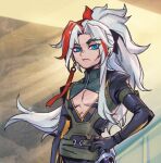  1boy black_bodysuit bodysuit brown_background cleavage_cutout clothing_cutout earrings expressionless frown green_eyes grey_hair hand_on_own_hip heartsteel_yone jewelry league_of_legends long_hair long_sleeves looking_at_viewer phantom_ix_row ponytail red_hair solo upper_body 