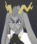  anthro antlers blue_eyes bovid caprine clothed clothing female frown frown_eyebrows fur goat grey_background grey_body grey_fur hi_res horn hybrid jackalope lagomorph leporid long_ears mammal pseudoregalia rabbit redcrystal scowl simple_background solo sybil_(pseudoregalia) topwear vest 