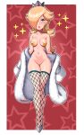  1girl absurdres blonde_hair blue_eyes border breasts crown eyelashes fishnet_thighhighs fishnets full_body fur_coat hair_over_one_eye highres looking_at_viewer maebari mario_(series) medium_breasts mini_crown off_shoulder parted_lips pasties rosalina sarukaiwolf solo star_pasties starry_background super_mario_galaxy thighhighs white_border 