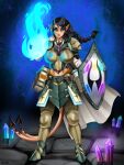  3:4 armor concept_art crystal fantasy female fire hi_res horn human humanoid magic mammal shield solo tail zhadart 