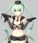  1girl black_gloves black_headwear black_shorts breasts cleavage commentary core_(pusn3354) cowboy_shot dual_wielding english_commentary girls&#039;_frontline gloves green_eyes green_hair grey_background gun hat highres holding holding_gun holding_weapon large_breasts long_hair looking_at_viewer micro_uzi micro_uzi_(girls&#039;_frontline) navel necktie open_mouth red_necktie short_necktie shorts simple_background solo submachine_gun tank_top twintails very_long_hair weapon 