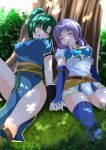  2girls absurdres against_tree black_gloves blue_dress blue_gloves blue_thighhighs boots breasts commission dappled_sunlight dress elbow_gloves fingerless_gloves fire_emblem fire_emblem:_the_blazing_blade florina_(fire_emblem) gloves grass green_hair high_ponytail highres holding_hands kisaragi_setsu_(mssk8485) large_breasts long_hair lyn_(fire_emblem) multiple_girls on_ground open_mouth outdoors panties pantyshot pelvic_curtain pixiv_commission ponytail short_sleeves sleeping sunlight thighhighs tree tree_shade under_tree underwear very_long_hair white_dress white_panties zettai_ryouiki 