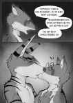  anthro arcsuh black_and_white canid canine comic dialogue digital_media_(artwork) duo english_text equid equine eyewear fur glasses hair hi_res hybrid infidelity kissing lynn_(arcsuh) male male/male mammal monochrome nipples open_mouth procyonid raccoon simple_background speech_bubble stripes text zebra zeek_(arcsuh) 