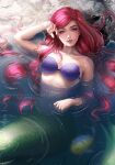  1girl ariel_(disney) artist_name blue_eyes english_commentary fish flounder_(the_little_mermaid) long_hair looking_at_viewer mermaid monster_girl partially_submerged red_hair the_little_mermaid watermark web_address zarory 