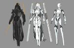  1girl arm_blade armor arms_at_sides black_skin breasts closed_eyes colored_skin floating floating_object floating_weapon full_body grey_background halo joints long_legs medium_breasts narrow_waist no_feet original pelvic_curtain robot_girl robot_joints shirousagi_uyu small_breasts variations weapon white_skin 
