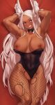  1girl :d animal_ears armpits arms_up bare_shoulders black_bow black_bowtie black_leotard boku_no_hero_academia bow bowtie breasts breasts_out clothing_aside covered_abs covered_navel dark-skinned_female dark_skin detached_collar fishnet_pantyhose fishnets iwbitu large_breasts leotard leotard_aside long_eyelashes long_hair looking_at_viewer mirko muscular muscular_female nipples pantyhose parted_bangs pussy rabbit_ears rabbit_girl rabbit_pose red_background red_eyes smile solo thick_thighs thighs torn_clothes torn_pantyhose traditional_bowtie uncensored very_long_hair white_hair wrist_cuffs 