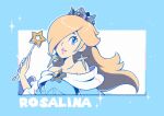  1girl aqua_background aqua_dress blonde_hair blue_eyes brooch character_name crown dress earrings hair_over_one_eye highres holding holding_wand jewelry long_hair long_sleeves looking_to_the_side mario_(series) parted_lips rosalina saiwo_(saiwoproject) solo star_(symbol) star_brooch star_earrings star_wand strapless strapless_dress two-tone_background upper_body wand white_background 