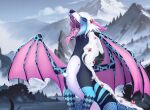  accessory black_markings bodily_fluids detailed_background digital_media_(artwork) dragon drool_on_face drooling fangs female feral fur hair hi_res horn hybrid markings mountain nneru_em open_mouth outside saliva smile solo spread_wings teeth tongue tongue_out vore wings 
