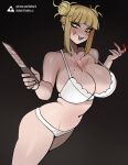  1girl arched_back bare_shoulders black_background blonde_hair blood blood_on_breasts blood_on_face blood_on_hands blood_on_knife blunt_bangs boku_no_hero_academia bra breasts collarbone commentary donburi_(donburikazoku) double_bun fanbox_username foreshortening hair_bun highres holding holding_knife huge_breasts knife logo looking_at_viewer messy_hair navel open_mouth panties patreon_username simple_background smile solo strap_gap thighs toga_himiko underwear underwear_only web_address white_bra white_panties yandere yellow_eyes 