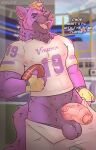  absurd_res anthro baileyx ball bottomwear bottomwear_down canid canine clothed clothing dialogue erection fingerless_gloves football_(object) football_field football_jersey football_player foreskin fur genitals gloves handwear hi_res humanoid_genitalia humanoid_penis inviting male mammal minnesota_vikings outside pants pants_down partially_clothed penis purple_body purple_fur solo 