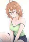  1girl araki_hina bare_shoulders blush breasts camisole cleavage collarbone glasses green_camisole grey-framed_eyewear highres idolmaster idolmaster_cinderella_girls indian_style looking_ahead medium_breasts orange_hair sitting solo strap_slip sweat unu_(unucence) 