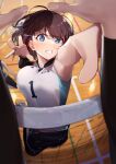  1girl 1other black_shorts blue_eyes blush brown_hair clenched_teeth highres jumping legs_up looking_at_viewer original pov pov_hands shirt short_hair shorts sleeveless sleeveless_shirt solo_focus sportswear teeth vegetablenabe volleyball_net volleyball_uniform white_shirt 